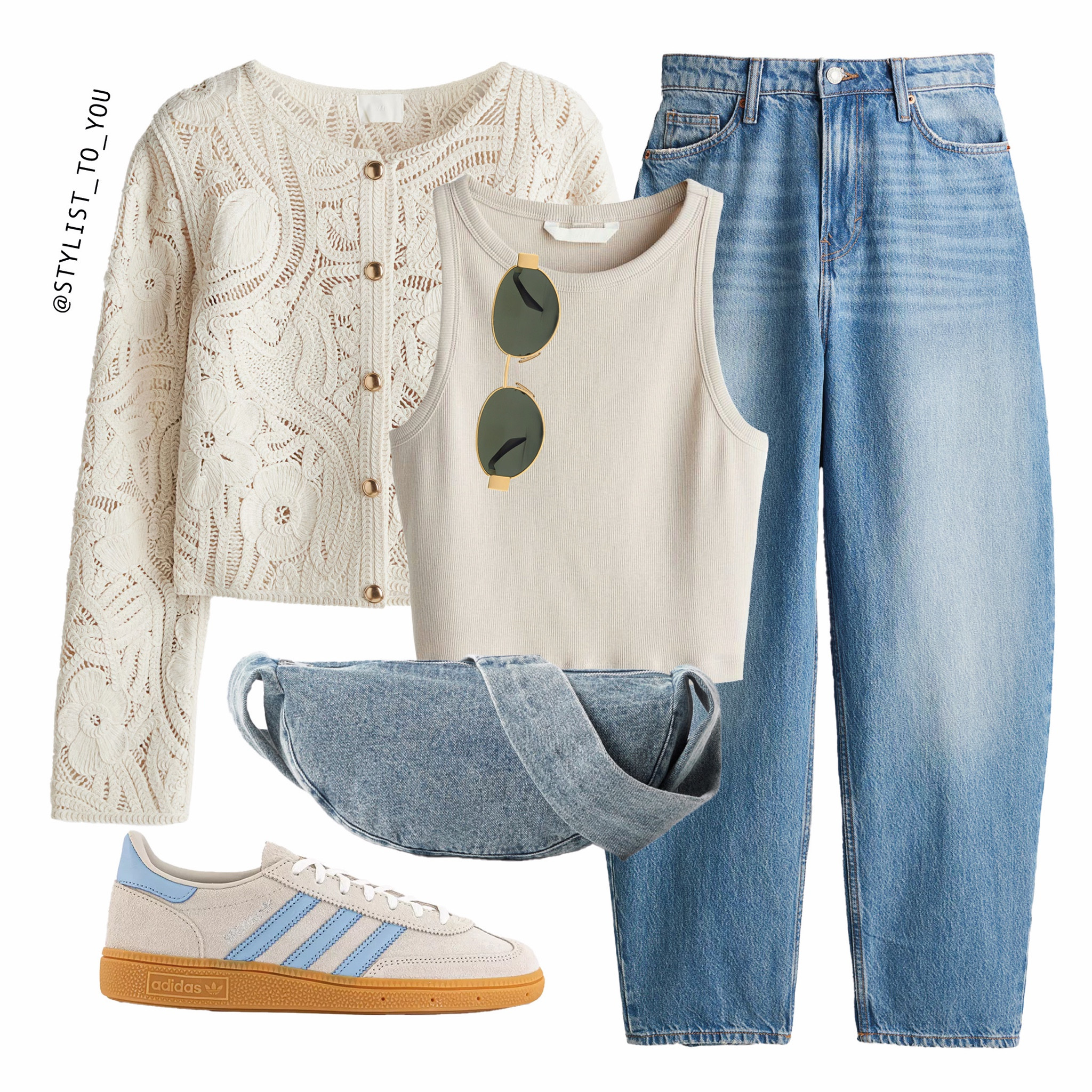 Crochet cuteness

A stylish outfit featuring a cream crochet cardigan with floral detailing, a beige ribbed tank top, light blue high-waisted jeans, a denim crossbody bag, and Adidas sneakers with blue stripes and a gum sole. The look is completed with round gold-framed sunglasses for a casual yet chic vibe. Fashion, Outfit Inspiration, Crochet Trend, Knitted Cardigan, Summer Outfit, Light Layers, Elevated Casual, Smart Casual, Soft Aesthetic, Relaxed Chic, Feminine Style, Parisian Chic, Slow Fashion, Timeless Wardrobe, Trendy Looks, Casual Chic, Weekend Outfit, Everyday Style, Resort Chic, Warm Weather Outfit, Bohemian Fashion, Luxe Style, High-Low Fashion, Stylish Comfort, Classic Neutrals, Effortless Dressing, Streetwear Aesthetic, Trend Alert, Fashion Must-Have, Transitional Outfit, Natural Textures, Sun-Kissed Style, Neutral Wardrobe, Coastal Chic, Modern Feminine, Soft Girl Aesthetic, Easy Elegance, Outfit Mood, Seasonal Staples, Chic Outfit Ideas

#LTKeurope #LTKuk #LTKspring