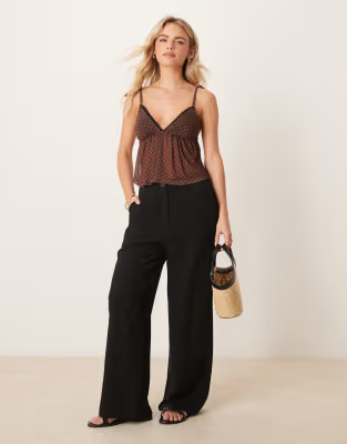 ASOS DESIGN Petite wide leg dad trousers with linen in black | ASOS (Global)