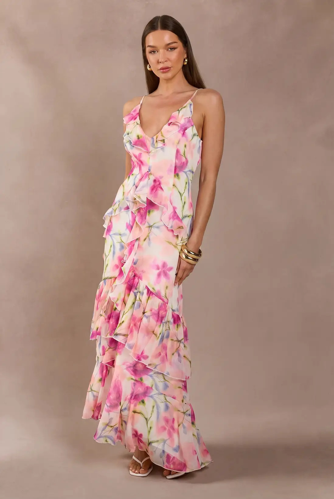 Pink Chiffon Ruffle Detail Floral Maxi Dress | Boohoo | Boohoo.com (UK & IE)