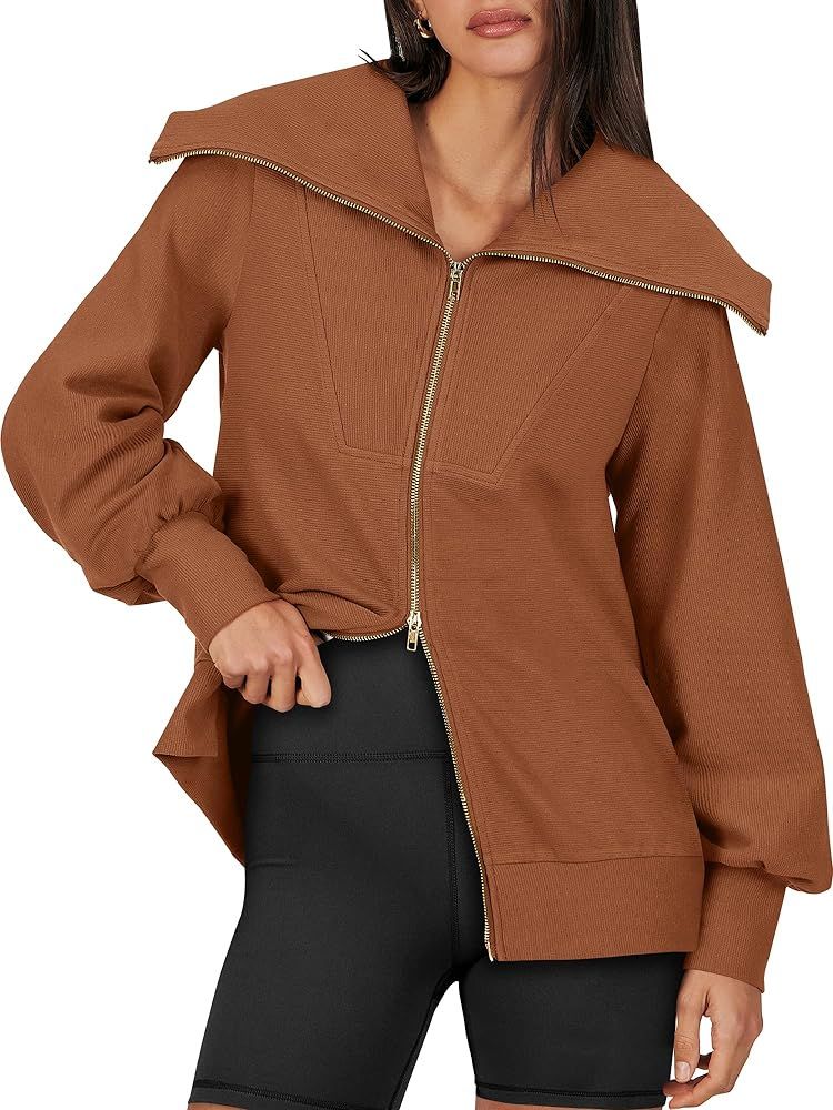 Caracilia Womens Zip Up Sweatshirt Oversized Hoodies Sweater Cute Casual Outfits Top 2023 Fall Wi... | Amazon (US)