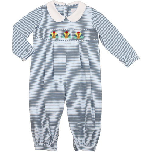 Blue Stripe Knit Turkey Long Romper - Shipping Mid-October | Cecil and Lou