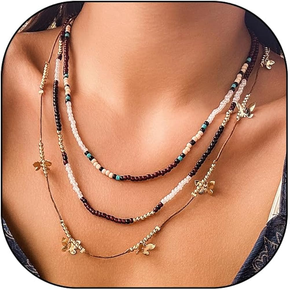 GIGB PBDK Bohemian Layered Rice Bead Necklaces,Retro Star Butterfly Colored Wax Rope Choker Neckl... | Amazon (US)