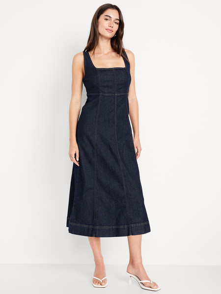 Fit & Flare Sleeveless Denim Midi Dress | Old Navy (US)