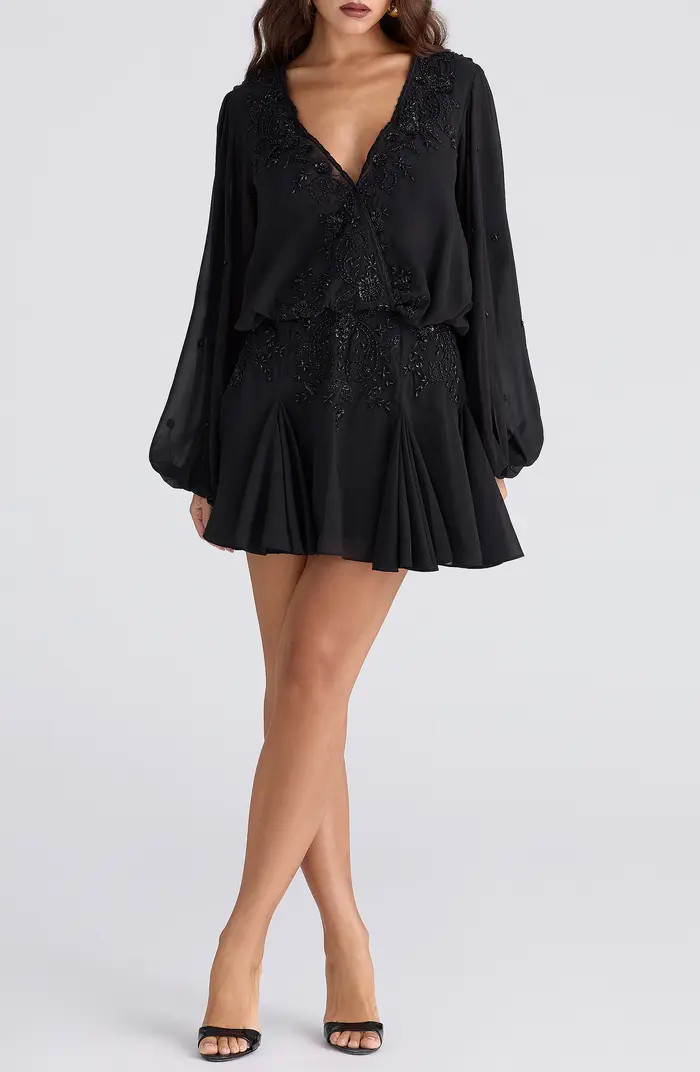 Gianna Beaded Godet Long Sleeve Minidress | Nordstrom