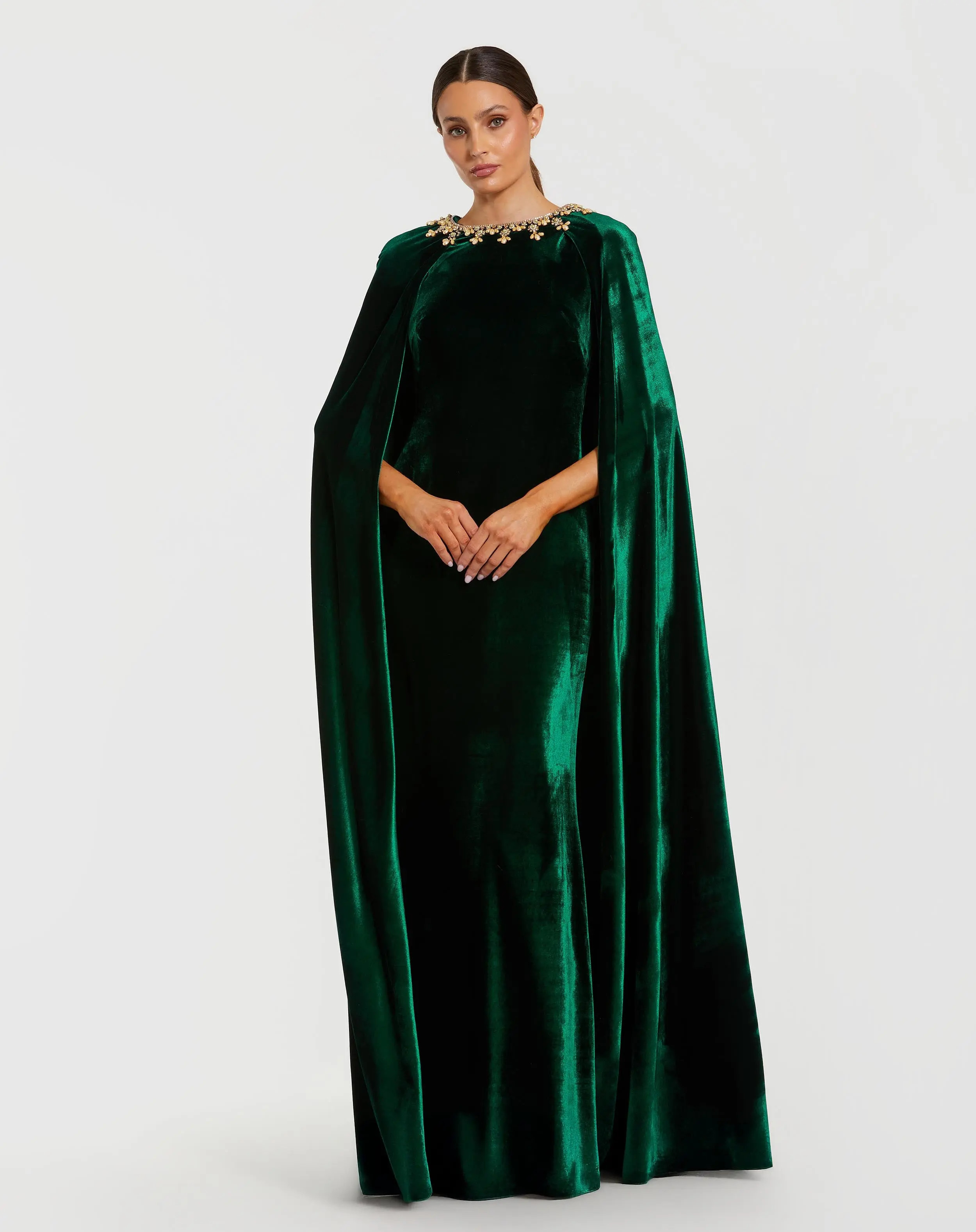 Mac Duggal - Dark Green Velvet Cape Gown With Embellished Neckline - Deep Green / US 20 | Mac Duggal