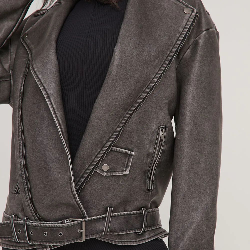 Oversized Pocket Detail Biker Jacket In Washed Grey Faux Leather | Ego Shoes (UK)