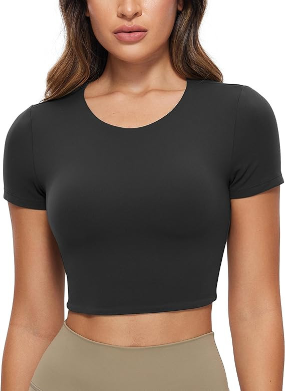 CRZ YOGA Womens Butterluxe Double Lined Short Sleeve Crop Tops Crew Neck Casual Workout T-Shirt C... | Amazon (US)