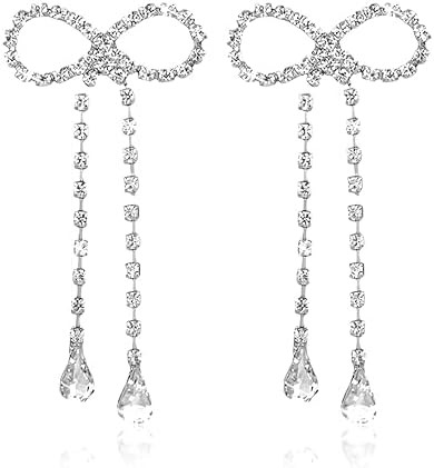 Rhinestone Bow Drop Earrings For Women Crystal Long Tassel Ribbon Earring For Prom Party Birthday... | Amazon (US)