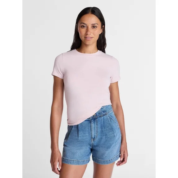 Time and Tru Women's Slim Fit Crewneck Tee with Short Sleeves, Sizes XS-XXXL | Walmart (US)
