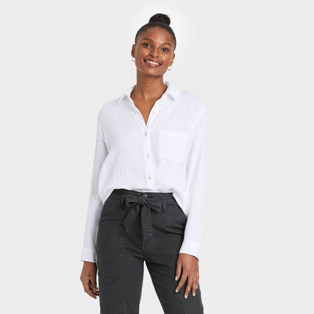 Women's Long Sleeve Gauze Button-Down Shirt - Universal Thread True White XL | Target