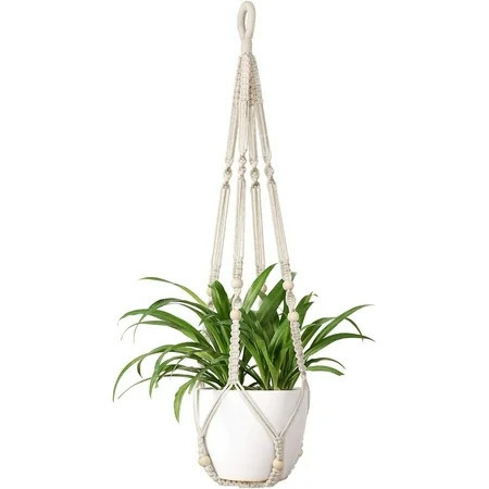 Mkono Macrame Plant Hanger Indoor Hanging Planter Basket with Wood Beads Decorative Flower Pot Holder No Tassels 35 Inch, Ivory, Set of 1 (POTS NOT Included) | Walmart (US)