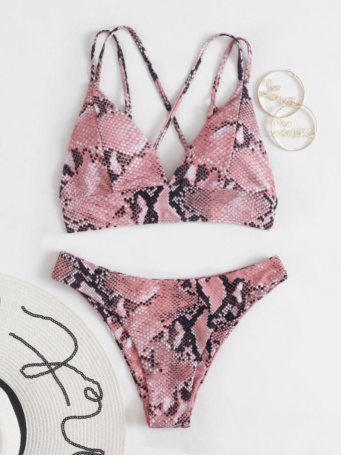 Snakeskin Print Tie Back Bikini Swimsuit | SHEIN