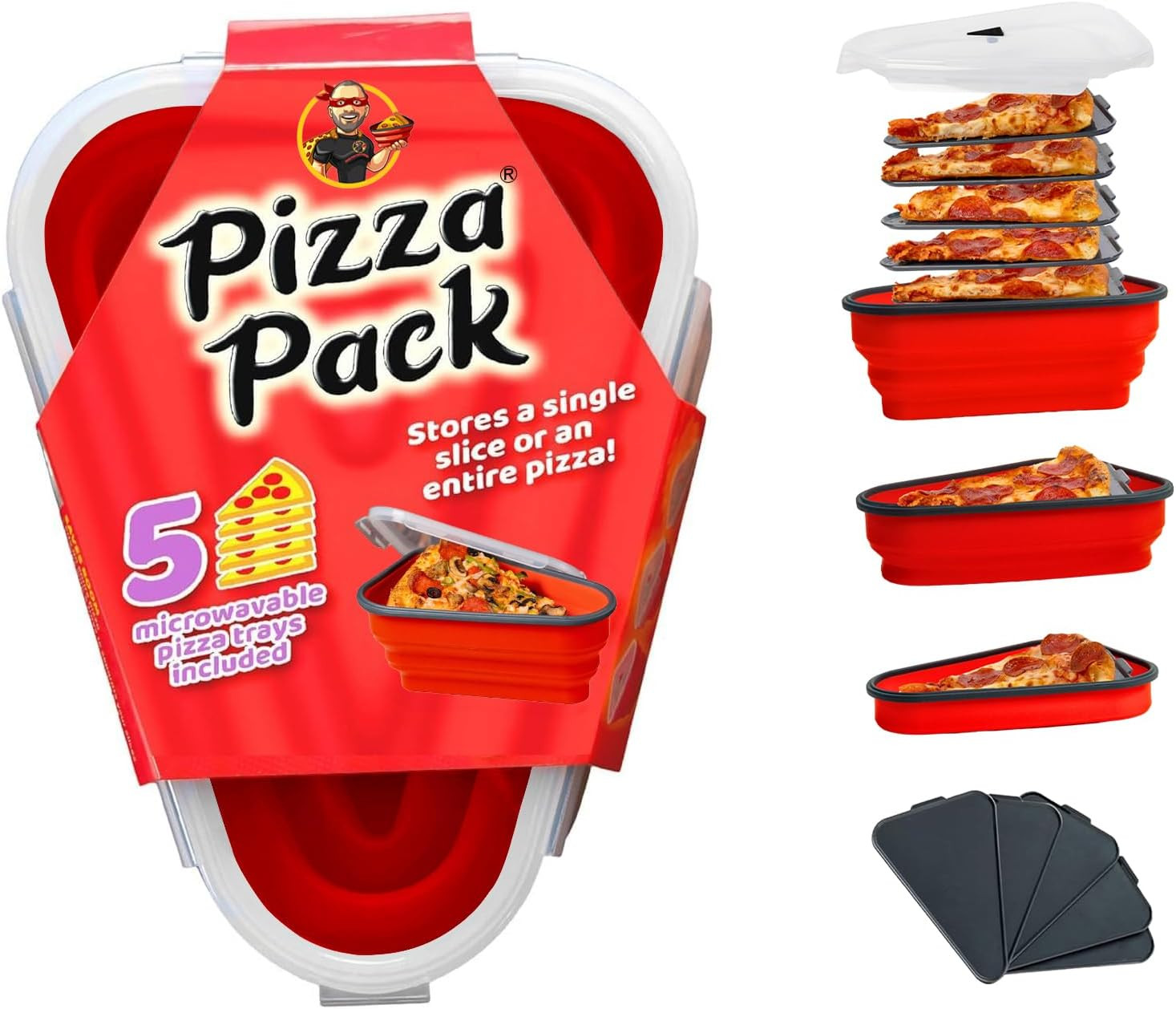 The Perfect Pizza Pack™ - Reusable Pizza Storage Container with 5 Microwavable Serving Trays - BPA-Free Adjustable Pizza Slice Container to Organize & Save Space, Red | Amazon (US)