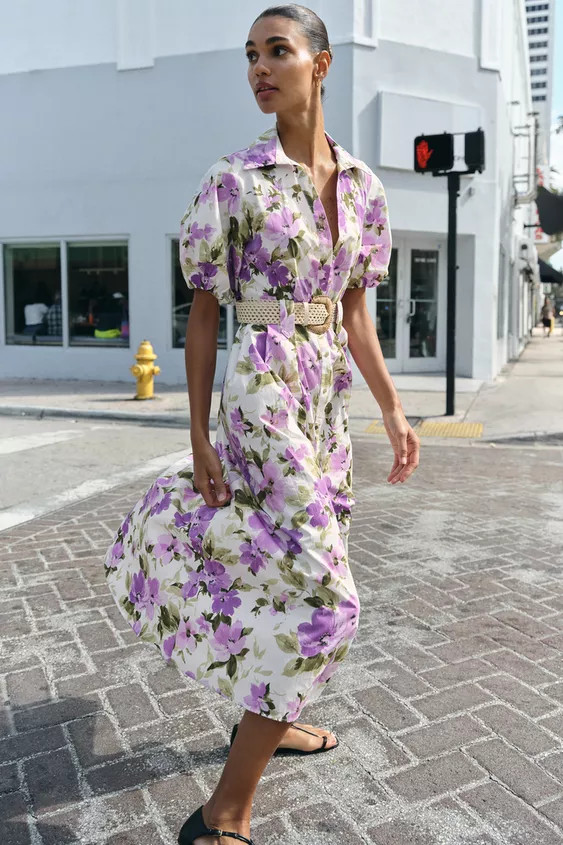 FLORAL PRINT BELTED MIDI DRESS | Zara US