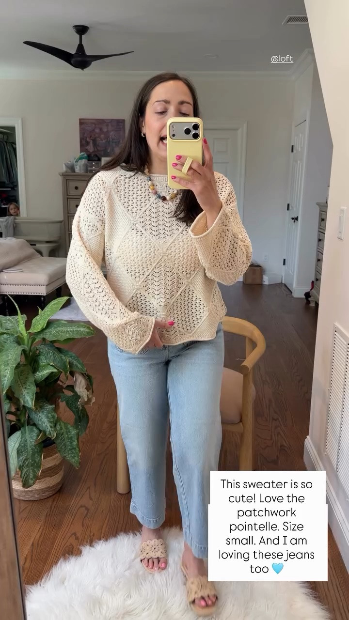 This sweater is so cute! Love the patchwork pointelle. Size small. And I am loving these jeans too 🩵 @loft