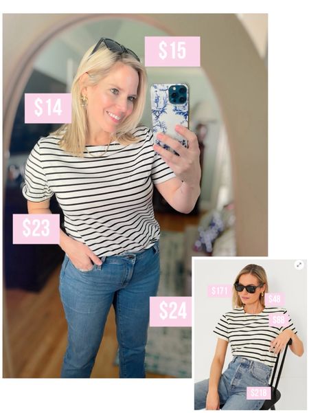 The look for less, striped t-shirt, straight jeans, gold earrings, mom outfit, preppy outfit, classic outfit 

#LTKover40 #LTKfindsunder50 #LTKfindsunder100