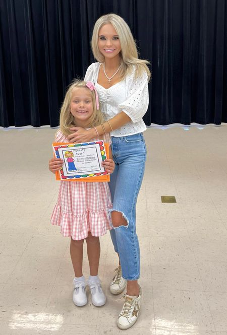 First grade award ceremony with my little girl! ( my daughters gingham dress is sold out) 
I linked another cute option  

size up in jeans!
top: XS tts 
jeans: 23 

#LTKSeasonal #LTKkids #LTKfamily