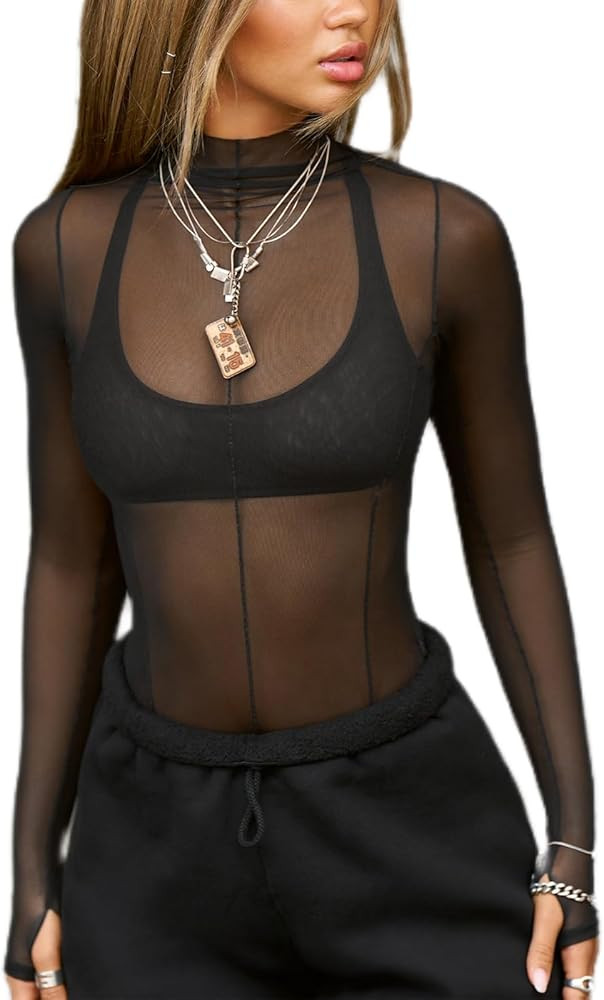 Sheer Going Out Tops for Women Sexy Long Sleeve Mock Neck Lace Spring See Through Tops Stretchy T... | Amazon (US)