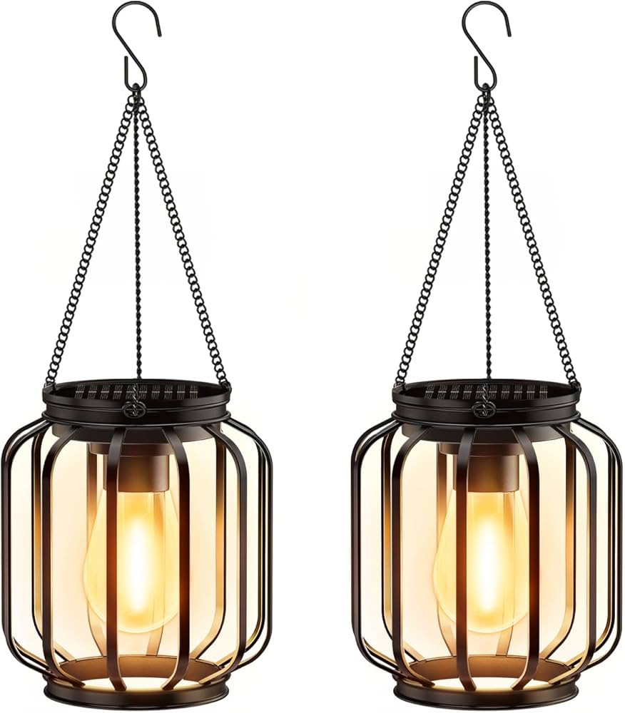 Solar Hanging Lanterns Outdoor: 2 Pack Metal Solar Hanging Lights with Hook, Bright - Warm Waterp... | Amazon (US)