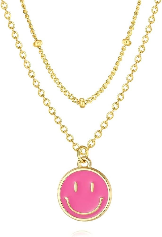 14K Gold Smiley Face Necklaces Enamel Happy Face Necklace Pink Necklace Preppy Necklace for Women... | Amazon (US)