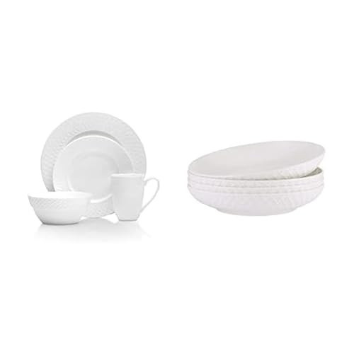 Mikasa Trellis 16 Piece Dinnerware Set, Service for 4, White and Mikasa Trellis Chip Resistant Set of 4 Pasta Bowls Set, 8-inch, 24 ounces, White | Amazon (US)