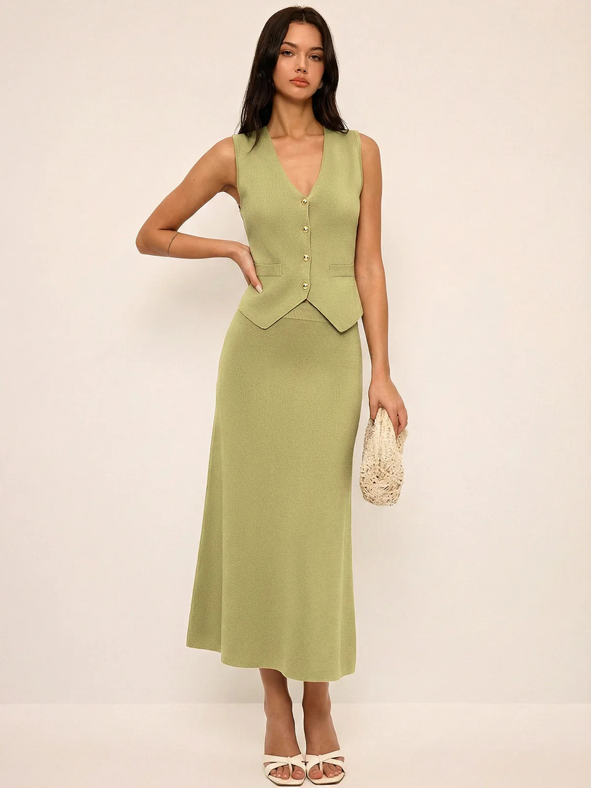 Metal Button Knit Vest & Midi Skirt Set | Commense