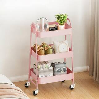 3-Tier Pink Metal Rolling Cart, Utility Storage Organizer Kitchen Trolley for Bathroom, Laundry Room, Office | The Home Depot