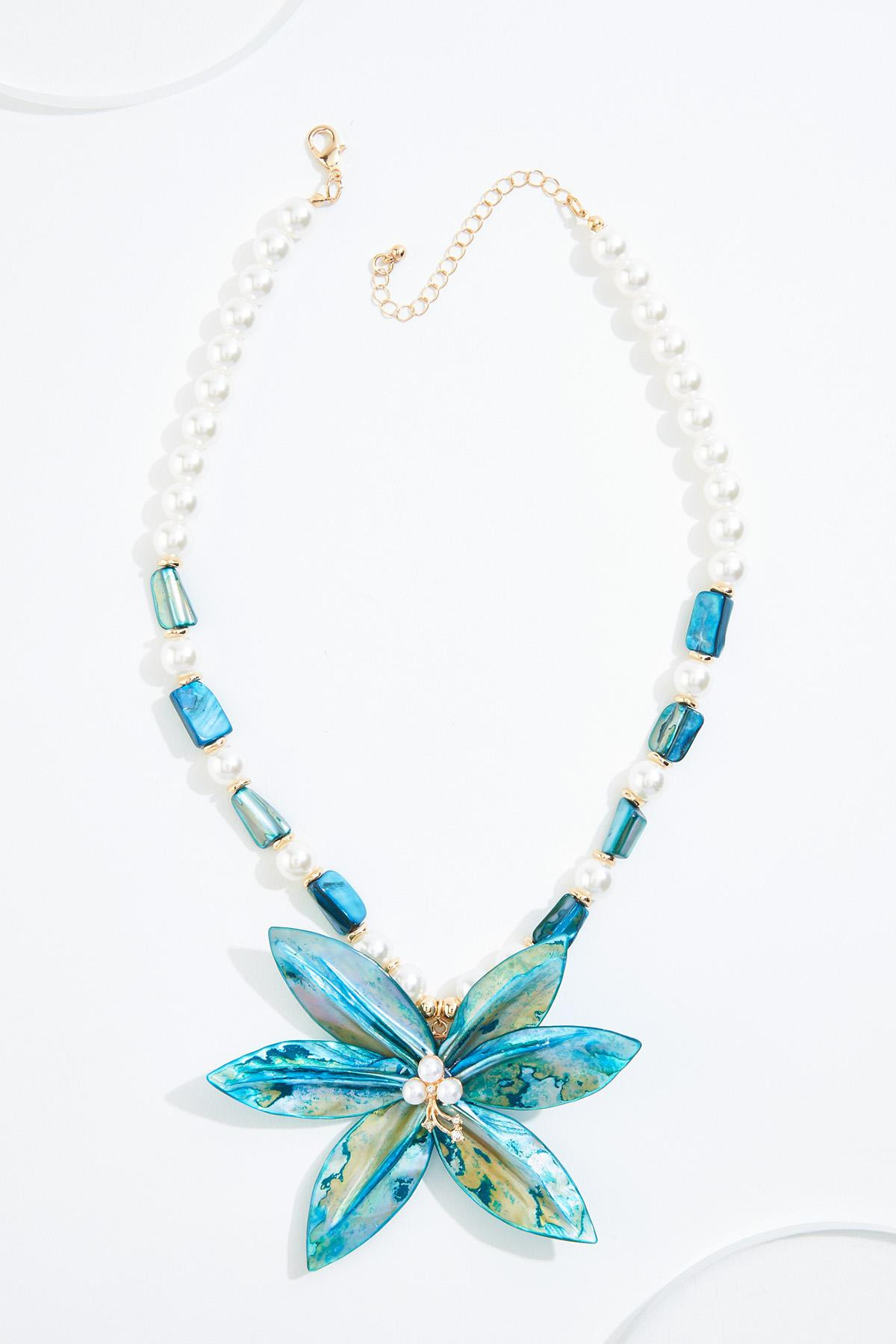 Blue Shell Floral Pearl Statement Necklace | Cato Fashions