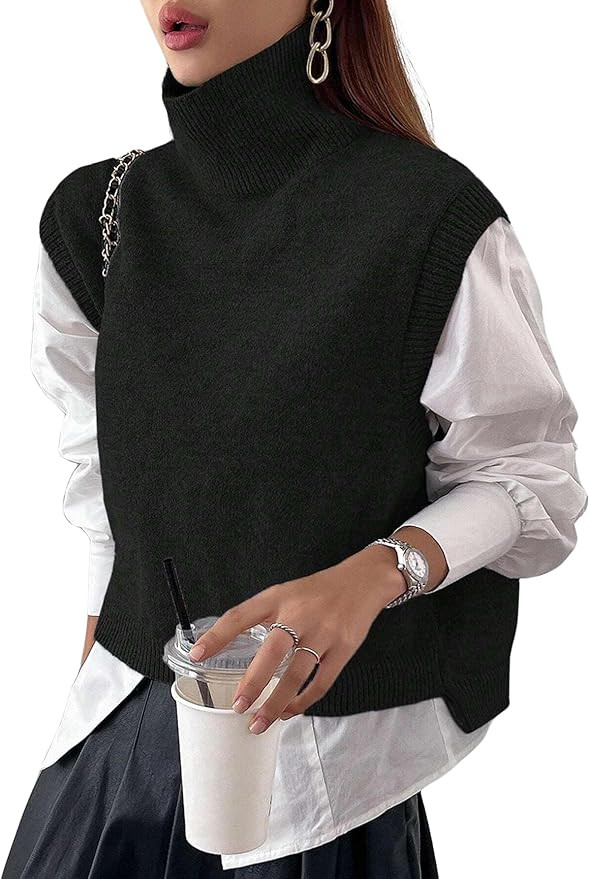Women Turtleneck Crop Sweater Vest Sleeveless High Neck Solid Loose Fit Knitted Causal Jumper Top... | Amazon (US)