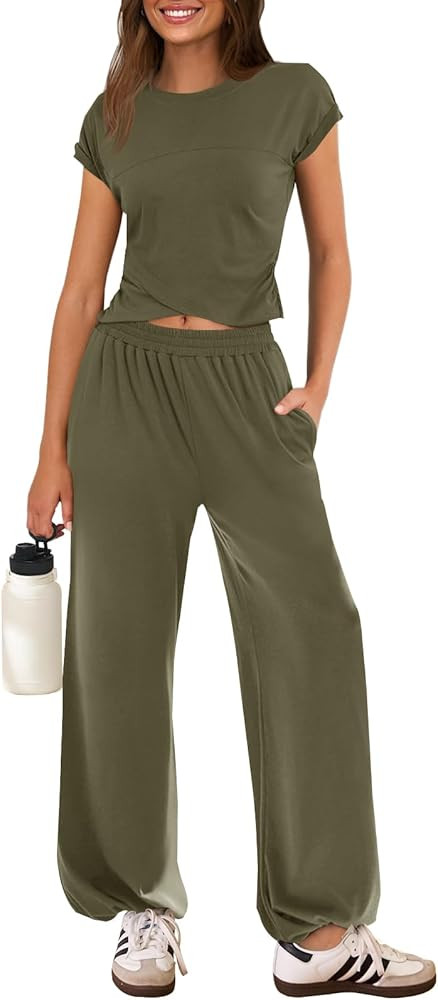 MEROKEETY Women's Summer 2 Piece Sets Cap Sleeve Crop Top Long Pant Lounge Set Casual Outfits Tra... | Amazon (US)