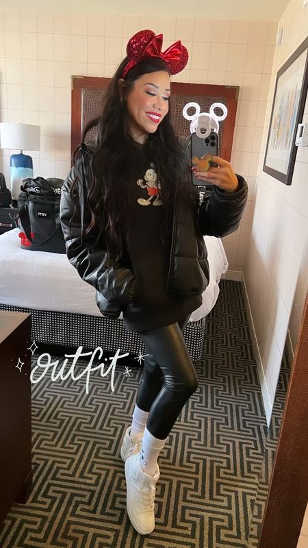Disney chic with all black! Paired an oversized Disneyland jacket with a Mickey hoodie & pleather leggings!🖤❤️✌🏼 #DisneyOutfit #DisneyStyle #DisneyOutfitOfTheDay 

#LTKSeasonal #LTKstyletip #LTKtravel