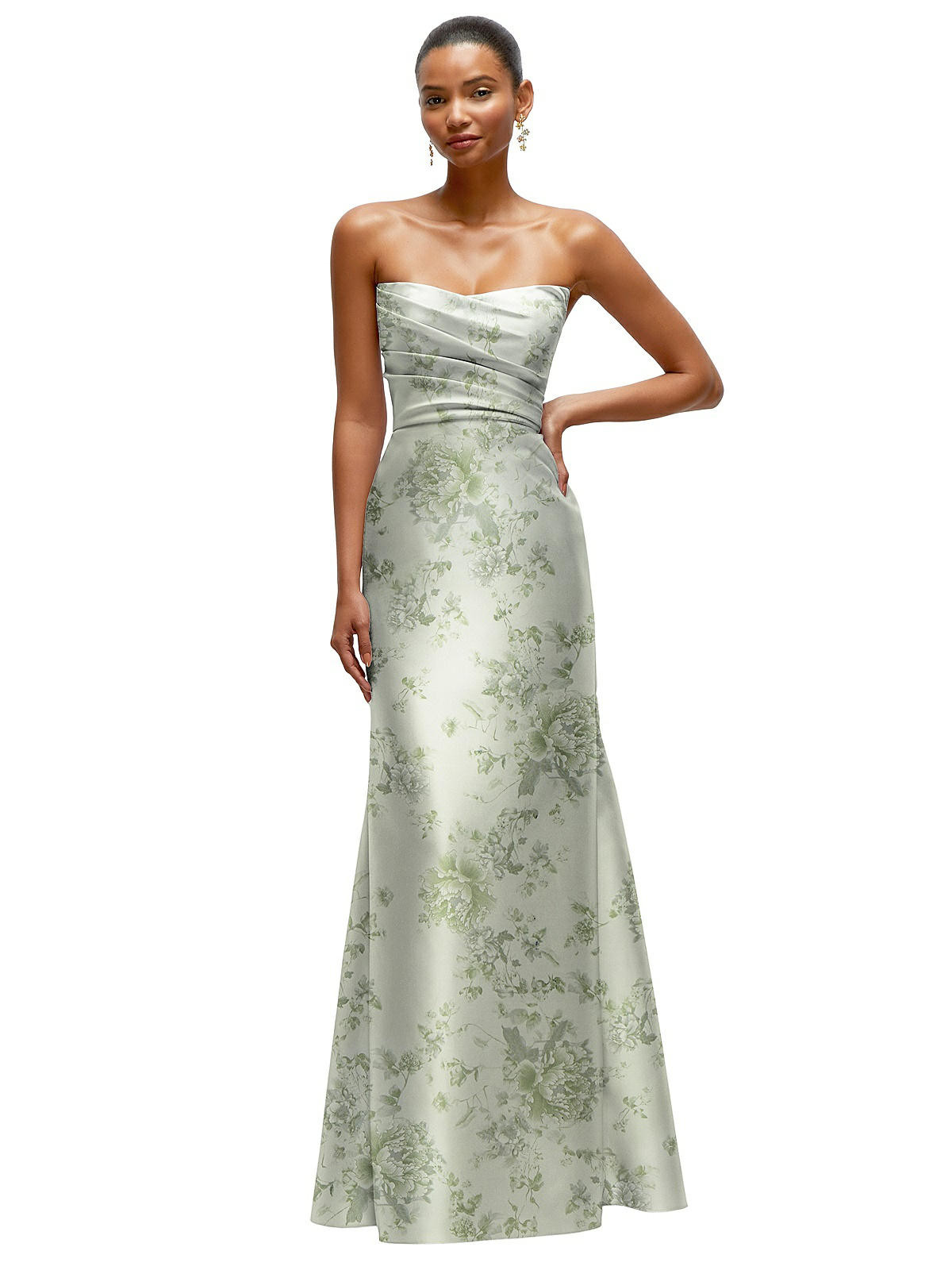 Strapless Cat-Eye Draped Bodice Floral Satin Tumpet Dress in Sage Cottage Rose | The Dessy Group
