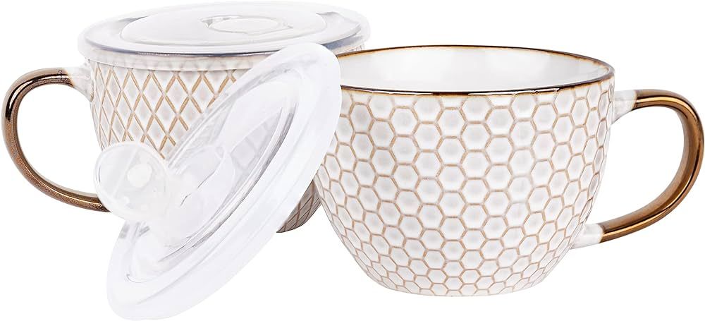 KooK Embossed Mugs, Soup Mugs, Microwave Soup Bowl with Lid, Ceramic with Handle, Microwave and D... | Amazon (US)