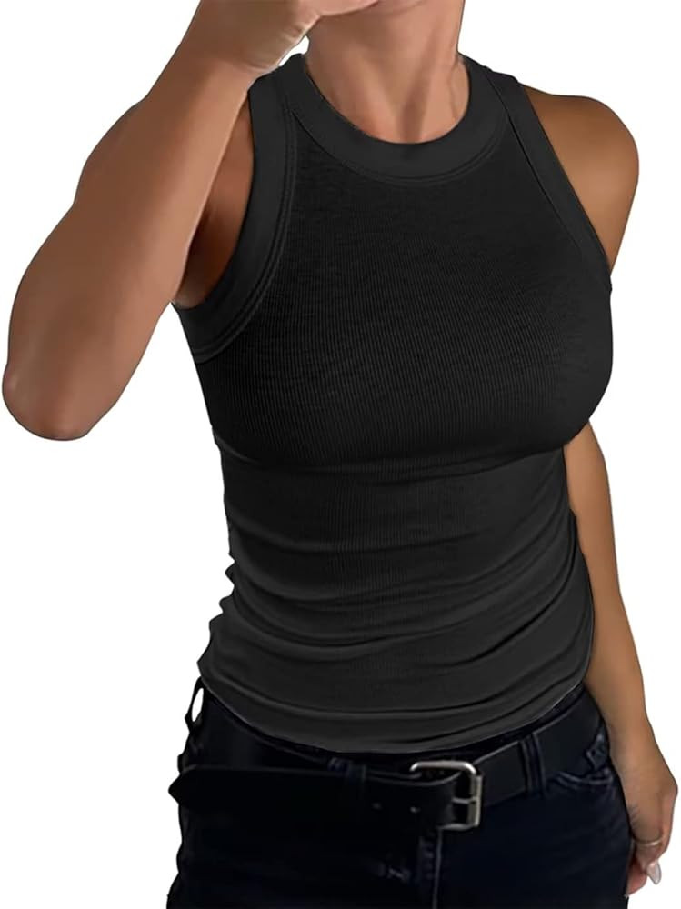 Women's Sleeveless Racerback Tank Top Basic Crewneck Ribbed Knit Fitted Crop/Tunic Tops | Amazon (US)