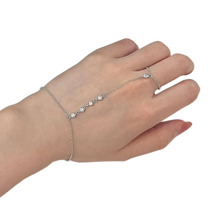 925 Sterling Silver CZ Diamond Finger Ring Bracelet Hand Chain for Women, Slave Bracelets 7" to 9... | Amazon (US)