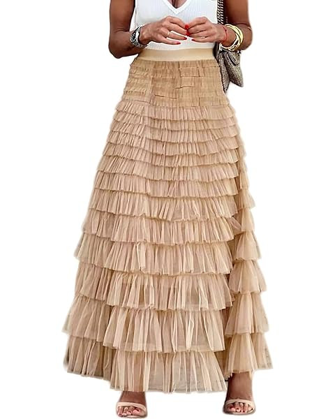 Flygo Women's Long Maxi Tulle Skirts A Line Ruffle High Waisted Tiered Layered Mesh Tutu Skirt Pe... | Amazon (US)