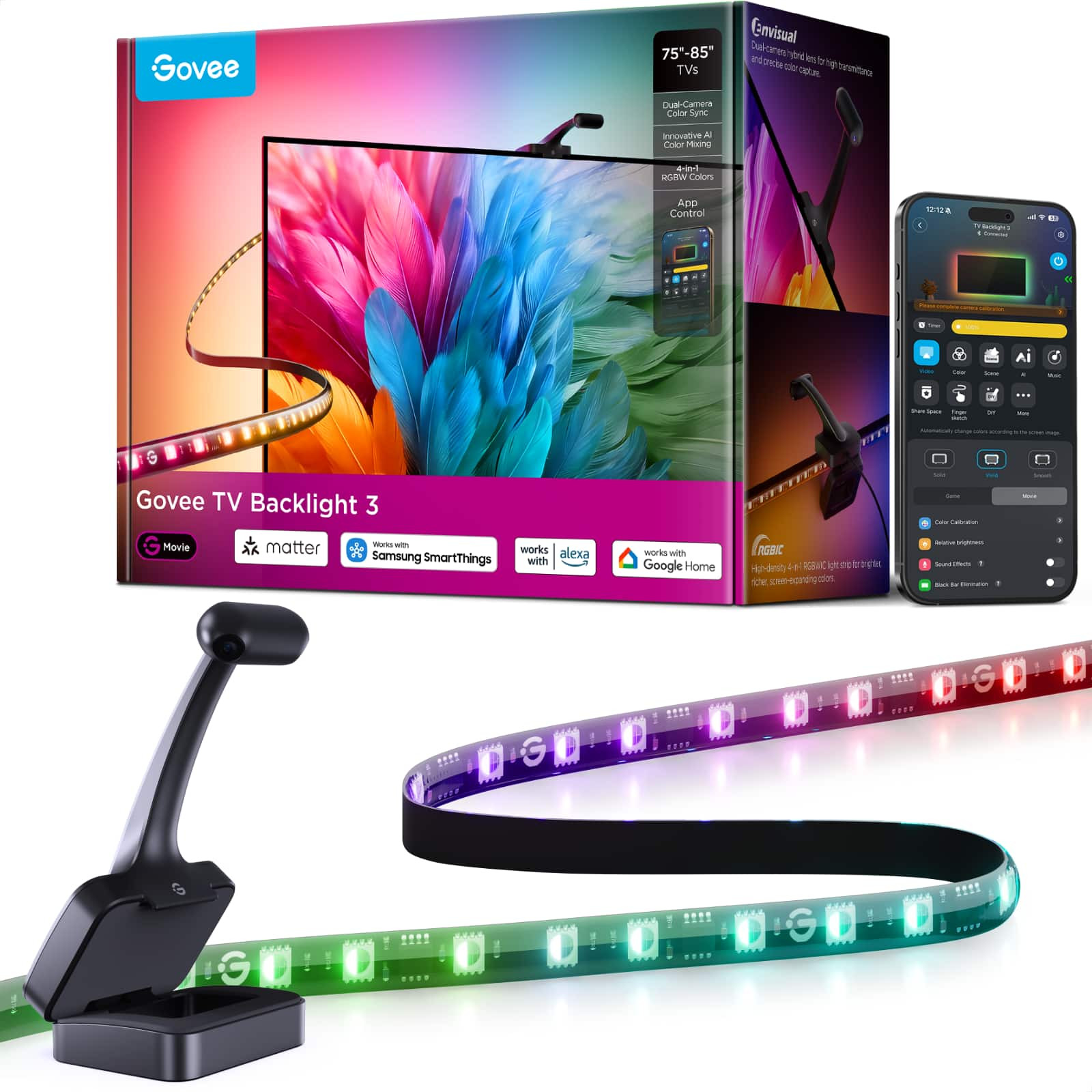 Govee - TV Backlight 3 with Dual 4MP Lens, 16.4ft RGBWIC LED Strip Lights Sync to Screen for 75-85 inch TVs | Best Buy U.S.