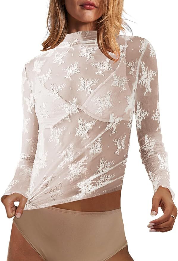 SENSERISE Womens Lace Layering Top Long Sleeve Tops Sheer Mesh Mock Neck Floral Embroidery See Th... | Amazon (US)
