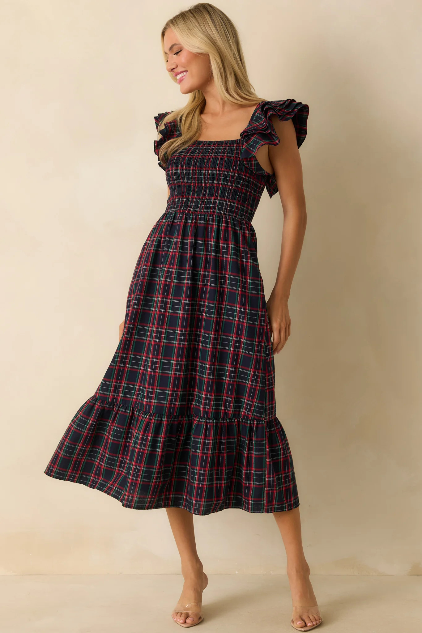 Always Good Cotton Navy Plaid Flutter Sleeve Midi Dress | Red Dress