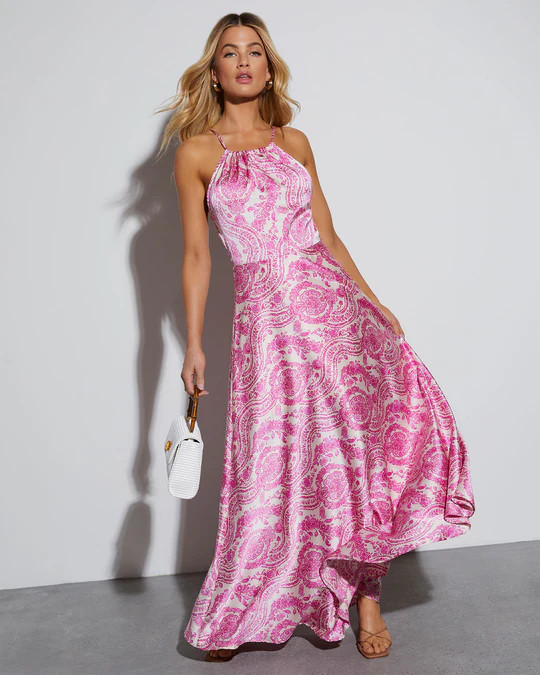 Maxine Satin Paisley Halter Maxi Dress | VICI