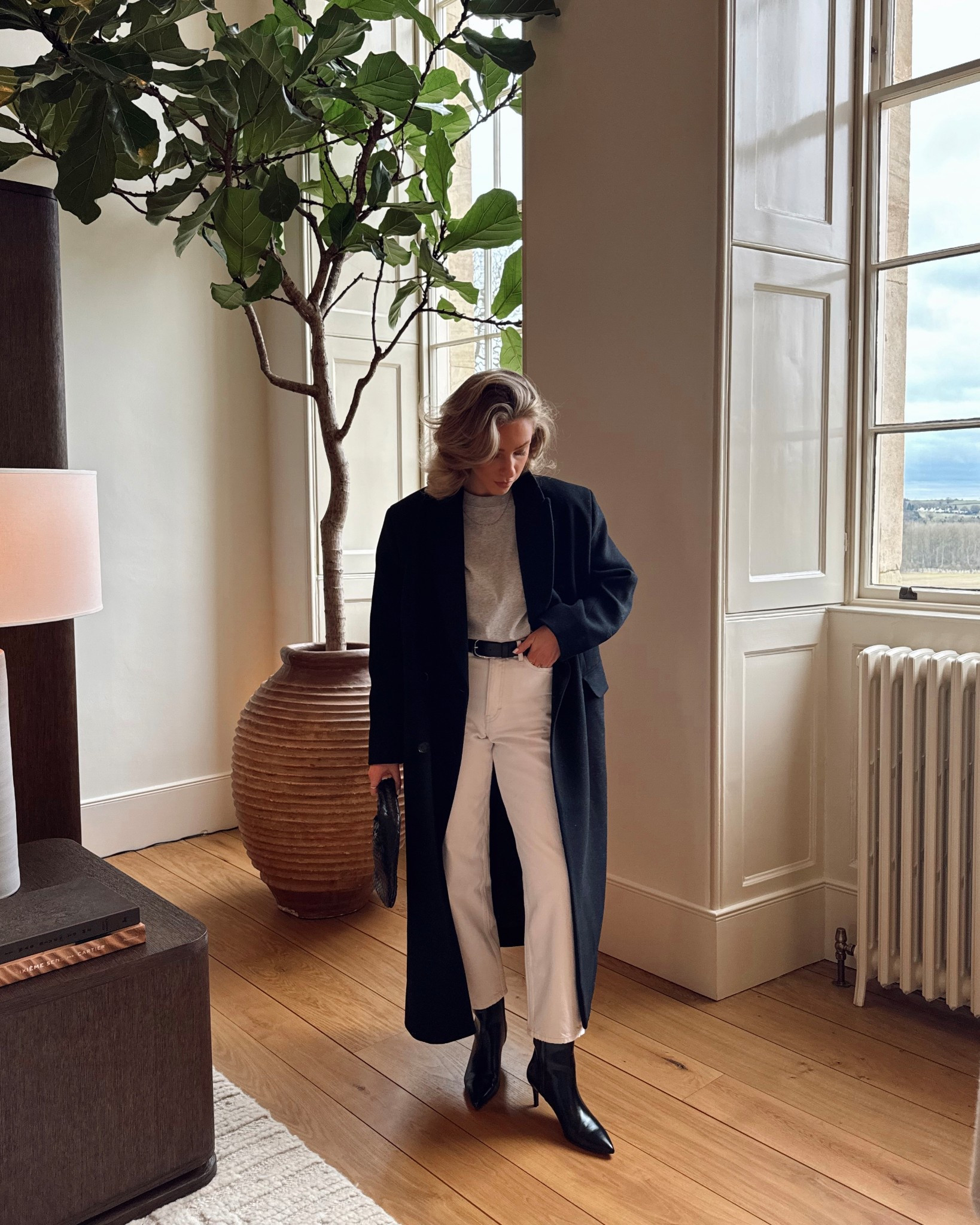 White jeans, spring outfit, grey tshirt, black boots, black coat 

#LTKuk #LTKstyletip #LTKspring