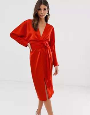 ASOS DESIGN midi dress with batwing sleeve and wrap waist in satin | ASOS (Global)