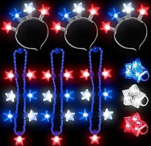 9 Pack 4th of July Party Favor, LED Light Up Necklace Headband Ring Red White Blue American Flag Sta | Amazon (US)