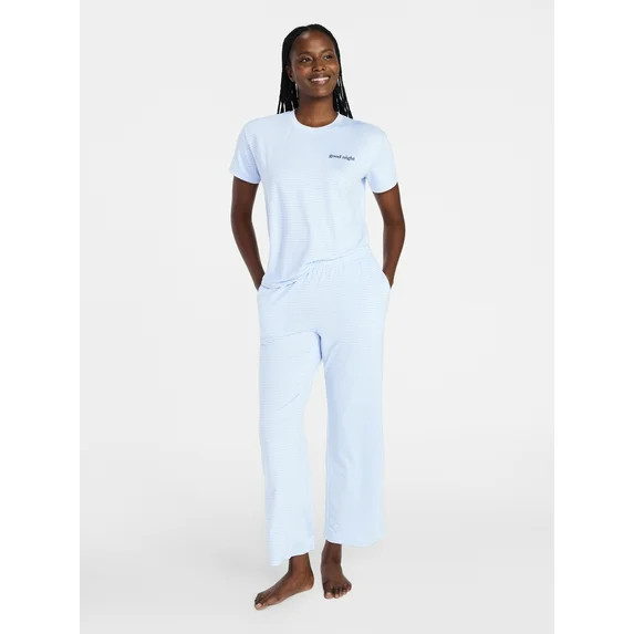 Joyspun Women's Dreamy Soft Collection Short Sleeve Sleep Top and Open Leg Pants Pajama Set, 2-Pi... | Walmart (US)