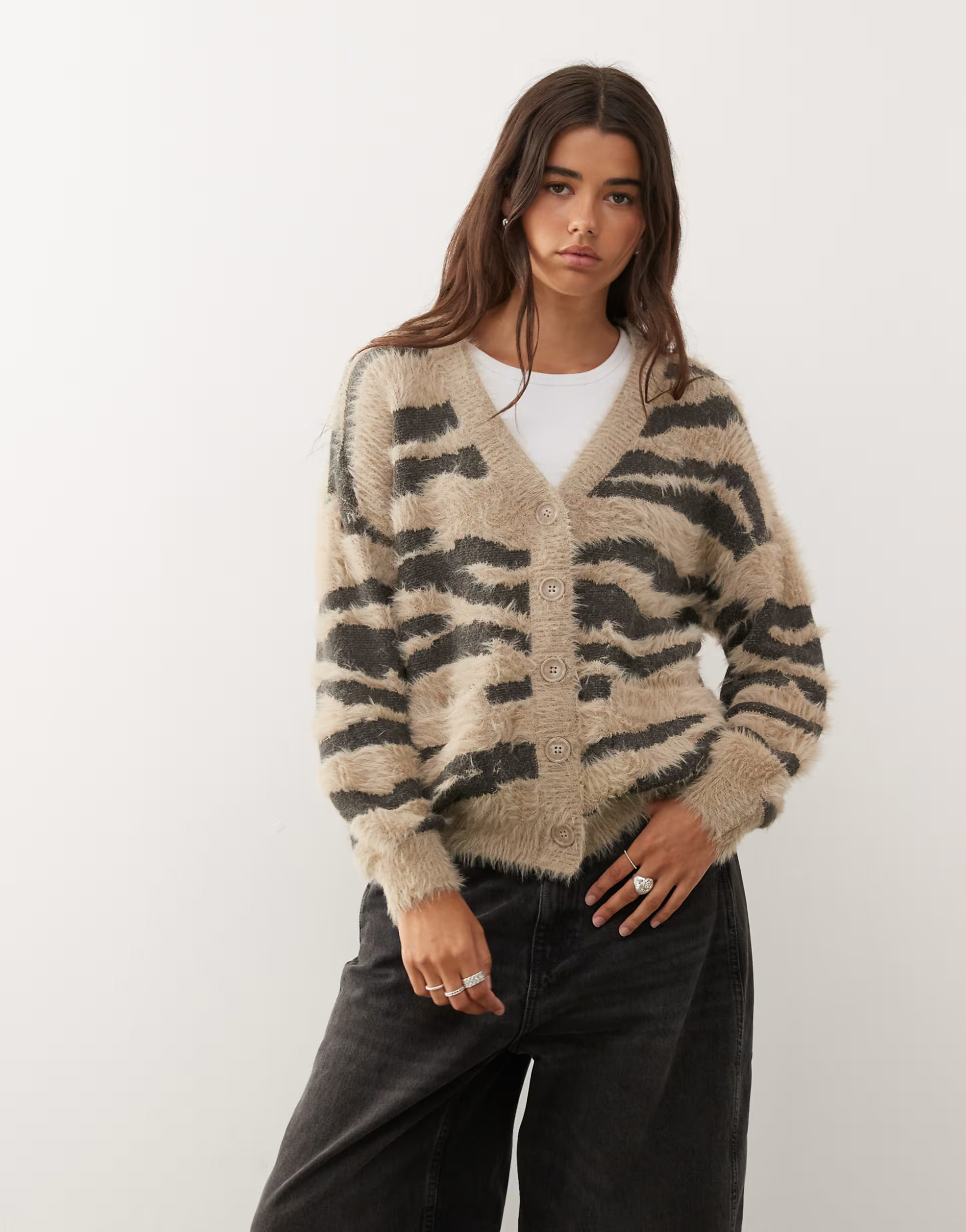 Noisy May brushed knit zebra cardigan in beige and gray | ASOS (Global)