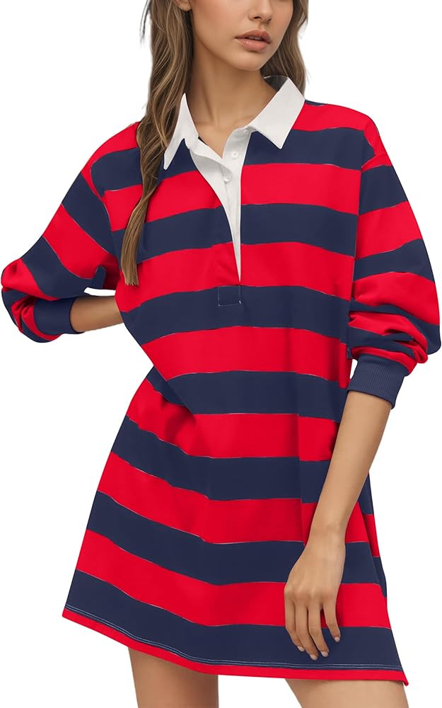 Women Striped Polo Sweatshirt Dress Long Sleeve Oversized Collared Pullover Button Front Casual M... | Amazon (US)