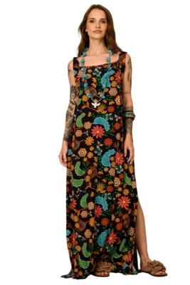 Vestido Longo De Alças Largas Preto Estampado Yacamim E22 - Estampado | Dafiti (BR)