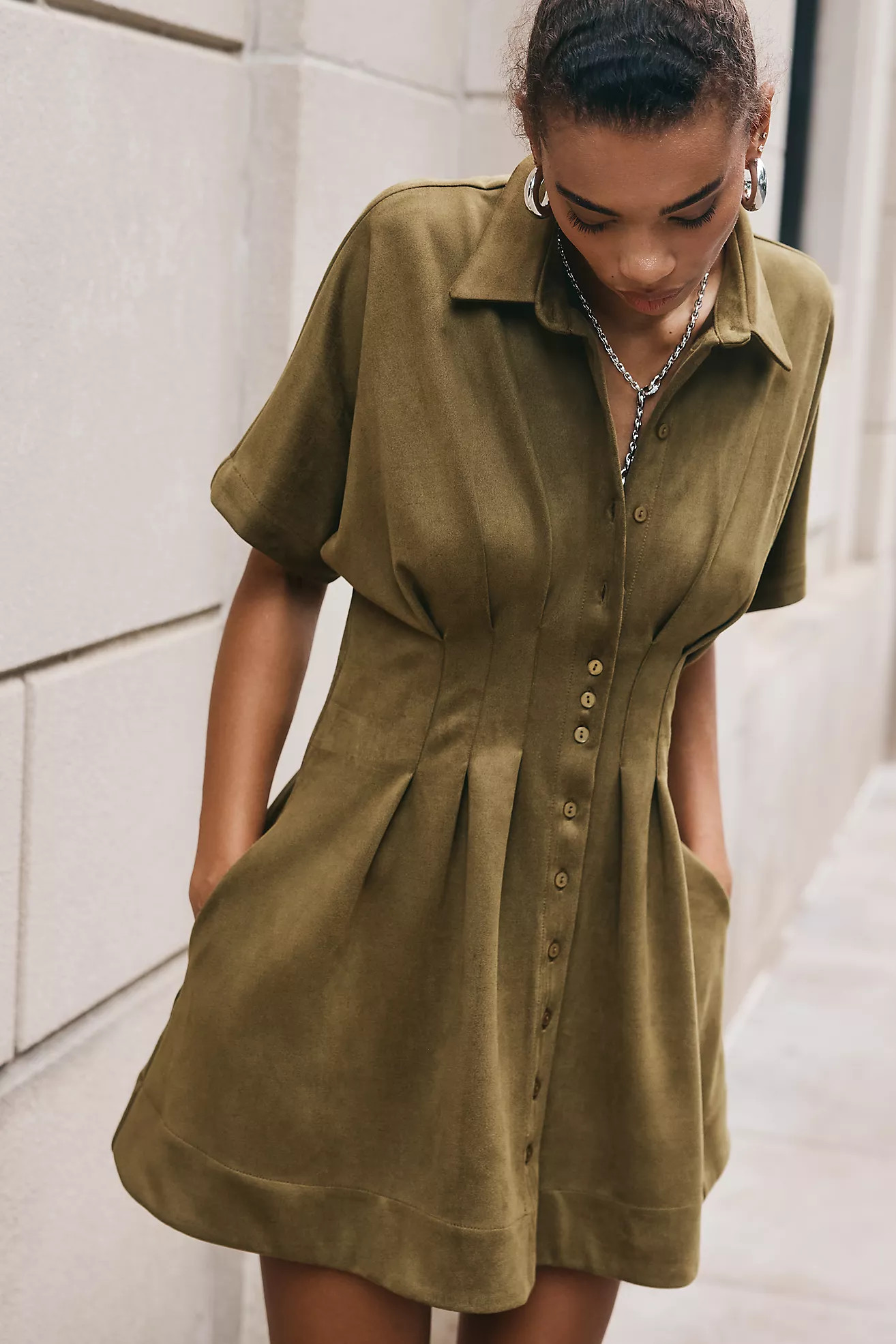 The Tobie Faux-Suede Mini Shirt Dress by Exquise | Anthropologie (US)