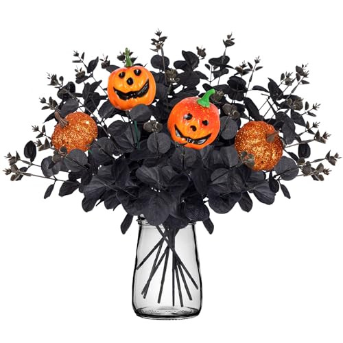 12PCS Black Halloween Pumpkin Decor Artificial Flowers: Eucalyptus Branches Stems Table Centerpieces Indoor Decorations | Amazon (US)