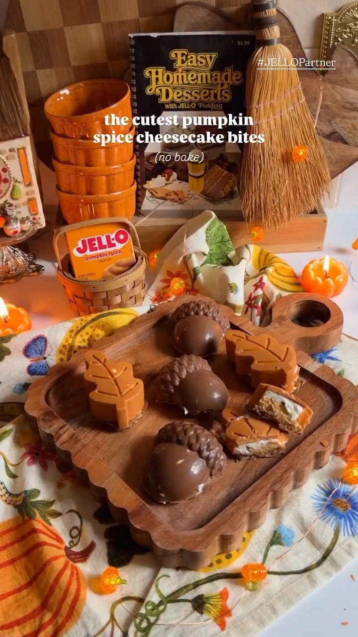 No Bake Pumpkin Spice Cheesecake Bites 🎃🍂 #JELLOPartner #JELLO 

@jello Pudding is my favorite creamy addition in recipes! I always keep a few vanilla and chocolate packages in my pantry just for ✨emergencies✨ Grab Jell-O at your local grocery or online! #easyrecipe #fallrecipe 

Candy coating/shell: candy chocolate coating 

Cheesecake layer: 
1 8 oz package softened cream cheese 
¼ c granulated sugar 
1 c whipped topping

 Pudding layer: 
1 package Instant JELL-O pumpkin spice pudding 
1 c cold milk 
1 c whipped topping 

Crust: 
Gingersnaps 

Instructions: 

Microwave candy coating until melted. Spread coating onto your silicone mold making sure the layer is not translucent. Freeze the candy layer for 10 minutes. Prepare the cheesecake layer by combining all ingredients until smooth. Prepare the pudding layer by whisking milk into pudding powder then folding in the whipped topping. Layer the cheesecake then the pudding into the chocolate shells, filling 2/3 full. Crumble gingersnaps into shell. Top with melted candy coating to close the shell. Freeze for 1 hour. Store in refrigerator.